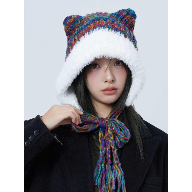 Cute Plush Knitted Hat with Cat Ears Big Head Circumference Face Showing Small Colorful Thick Woolen Contrasting Color Ear Protection Hat
