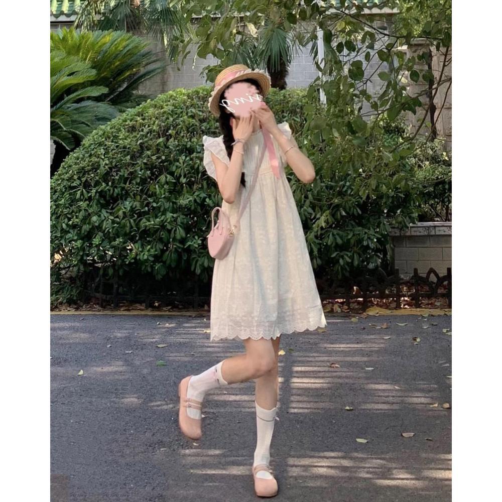 Summer Female Elf Round Neck Lace Small Flying Sleeve Embroidery Dress Casual New Small Summer Dress