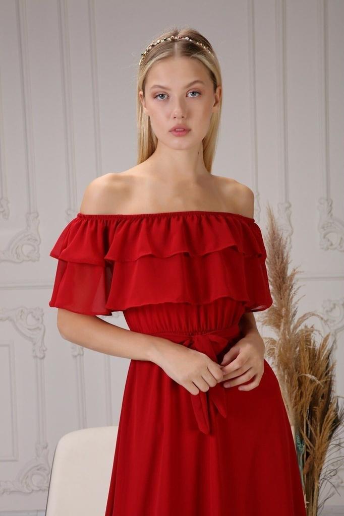 Женское платье большого размера бордовое шифоновое платье с воротником «Кармен Мадонна» больших размеров