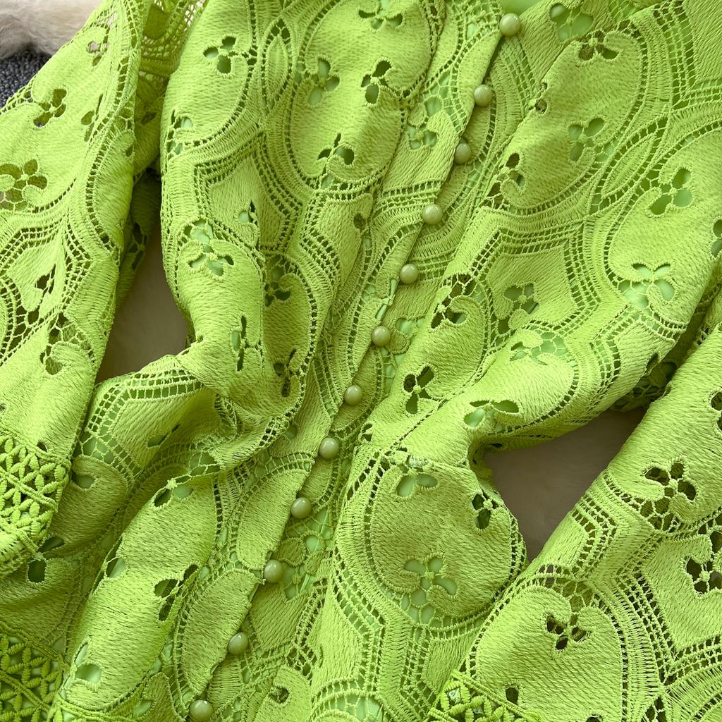 Весна-лето Женские V-образные вырезы с рукавами-фонариками Вышитые кружевные длинные макси вечерние платья