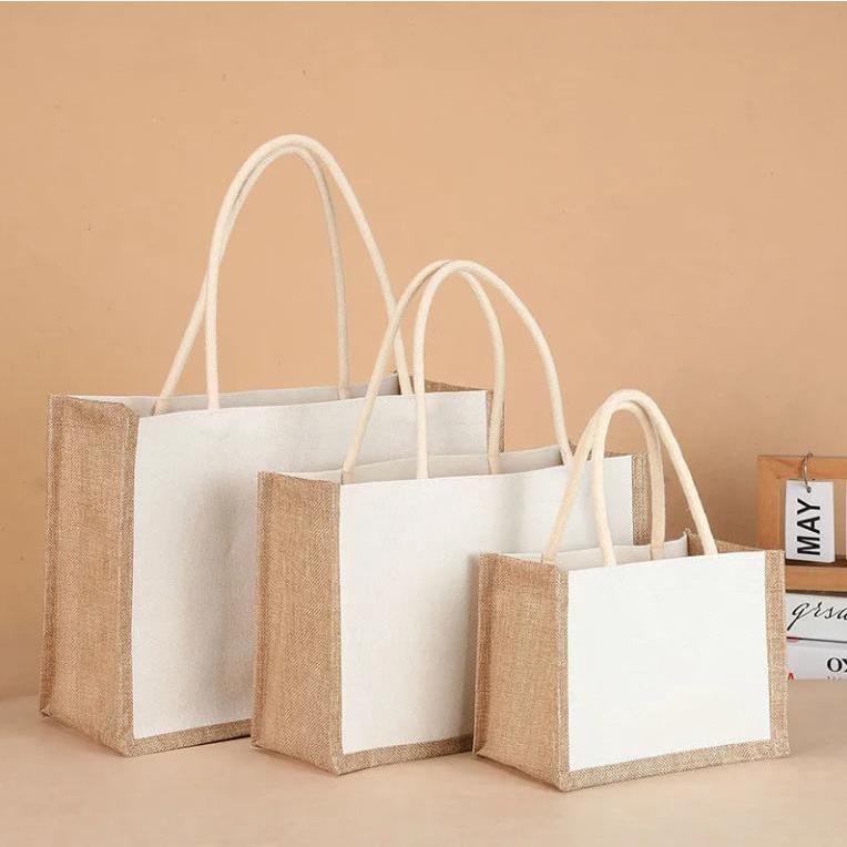 Экологически чистая многоразовая джутовая сумка Сумки-тоут из мешковины Водонепроницаемые сумки из натурального льна с мягкими хлопковыми ручками и ламинированной внутренней частью
