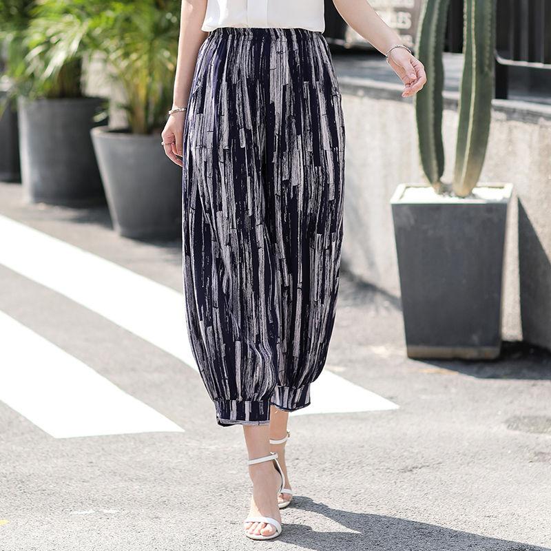 WTEMPO Укороченные брюки. Летние повседневные широкие брюки из хлопка и шелка с эластичной талией. Брюки-фонарики.