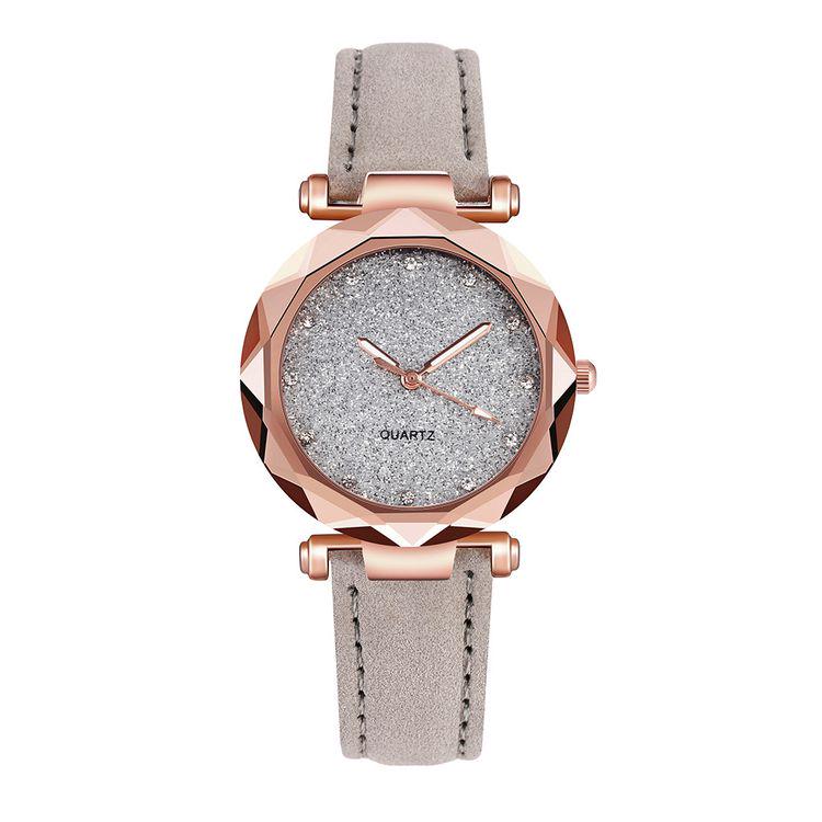 Trendy Unisex Rose Gold Korean Rhinestone Leather Strap Wristwatch Watch Fashion Ladies Quartz Female