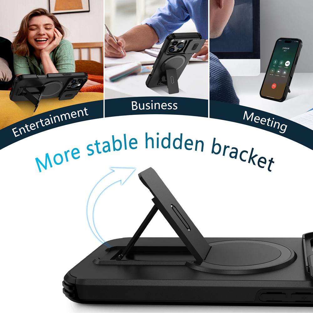 KEYSION Противоударный магнитный чехол для iPhone 16 Pro 16 Pro Max со сдвижной защитой камеры, подставкой и поддержкой беспроводной зарядки, задняя крышка для телефона