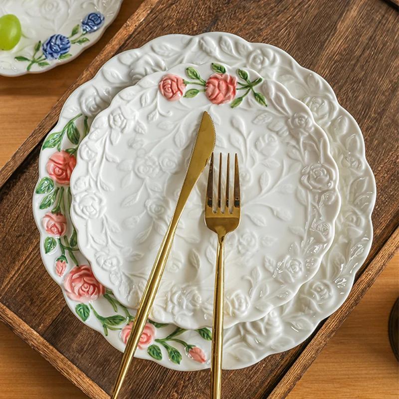Керамические тарелки с розами во французском стиле для ресторана, послеобеденного чая, десерта, фруктов, подноса для вечеринки, изысканной домашней посуды