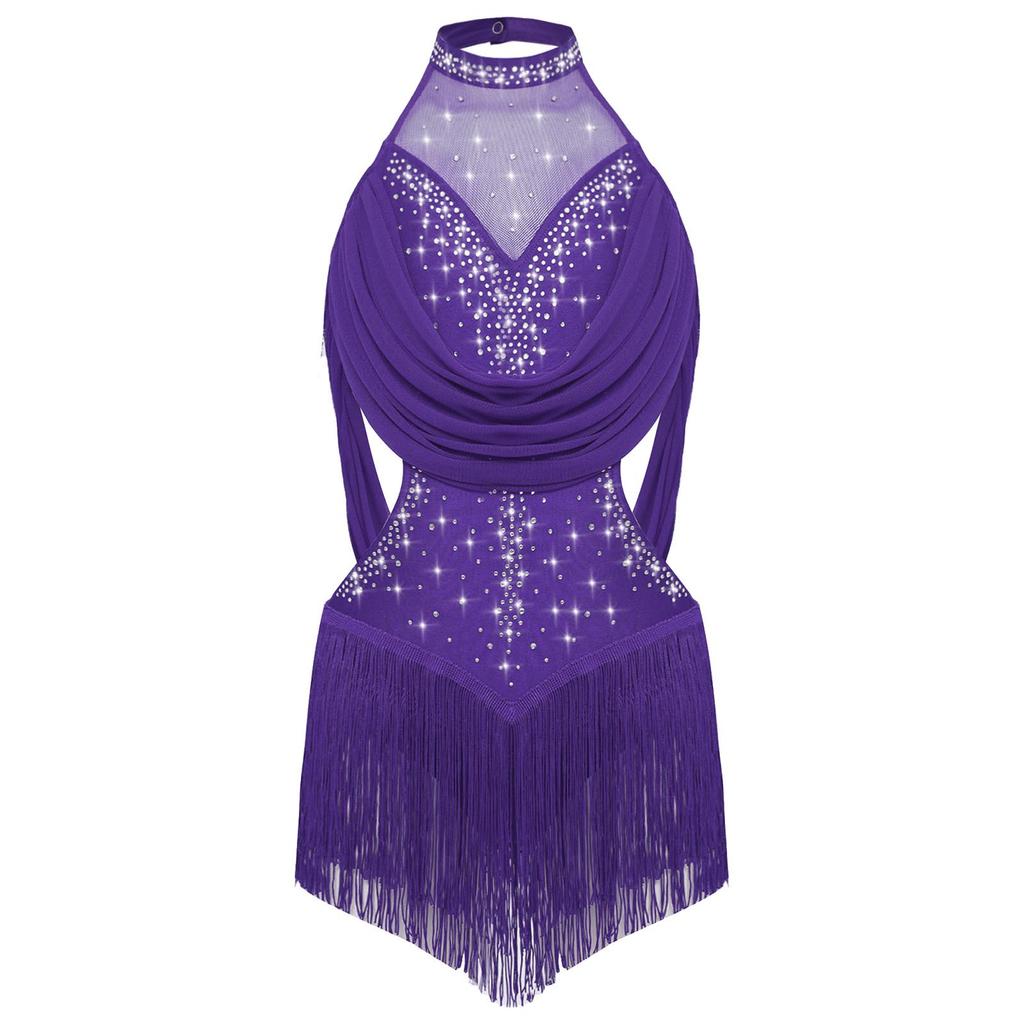Girls Latin Dance Leotard Ruched Mesh Drapes Cutout Tassel Design Glittery Rhinestones Costume