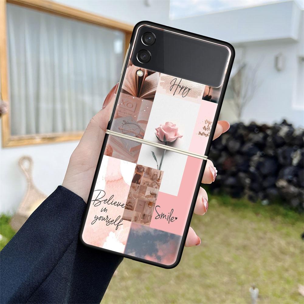 Роскошный чехол для Samsung Galaxy Z Flip 4 3 5G Черные жесткие ПК чехлы для телефона Модная задняя крышка ZFlip Funda Розовый цветок Сердце Ракушка Sac