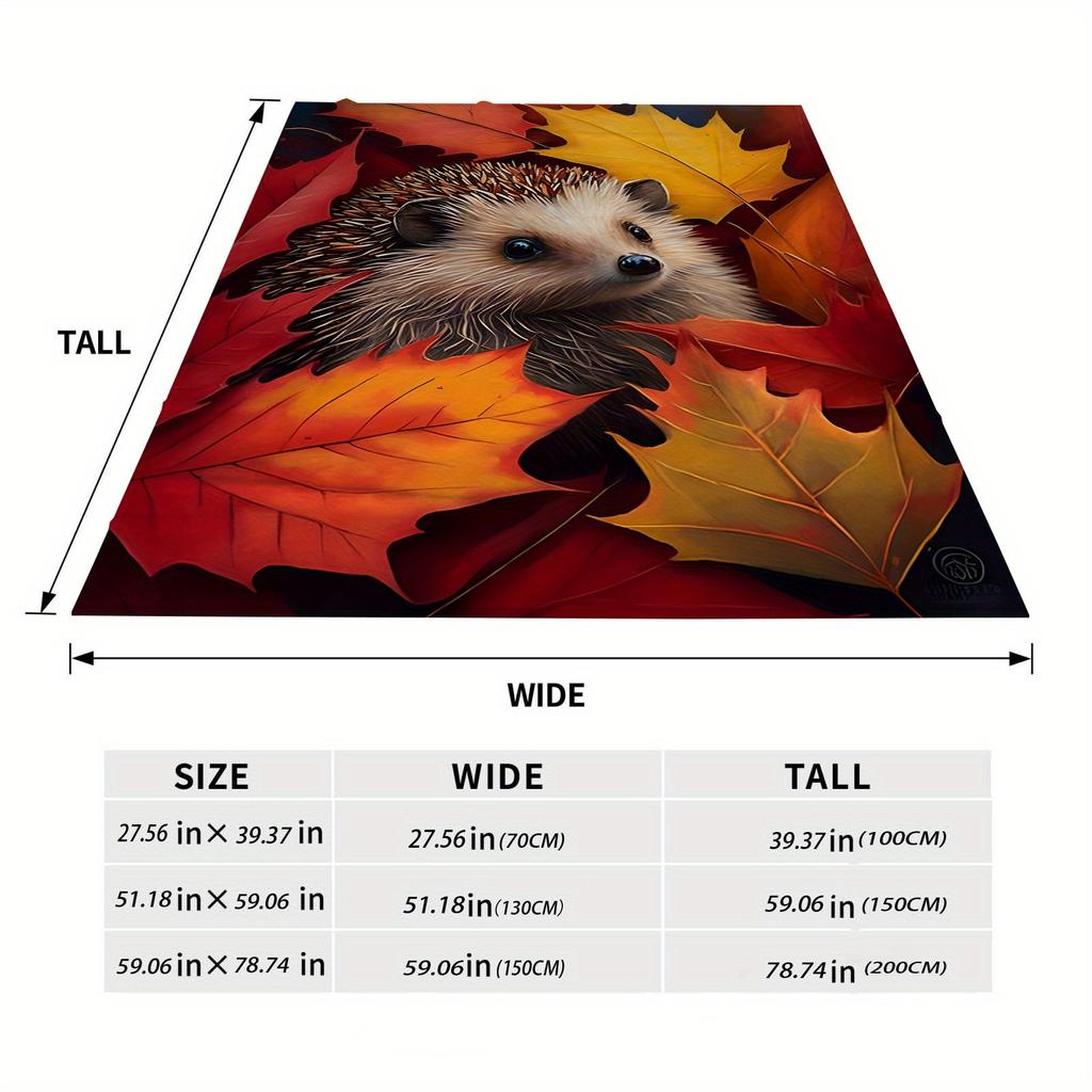 A Cozy And Warm Autumn Decoration Featuring a Hedgehog And Maple Leaves Flannel Blanket, Made of Soft Polyester with Digital Printing, Suita