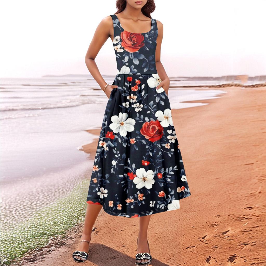 Women's  Summer Spring Casual Floral Sundress Sleeveless Beach Vacation Flowy Boho Tank Midi Dresses
