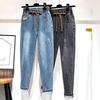 Женские джинсы-стрейч большого размера на весну и осень, однотонные, с высокой талией, эластичные, тонкие брюки-харлан