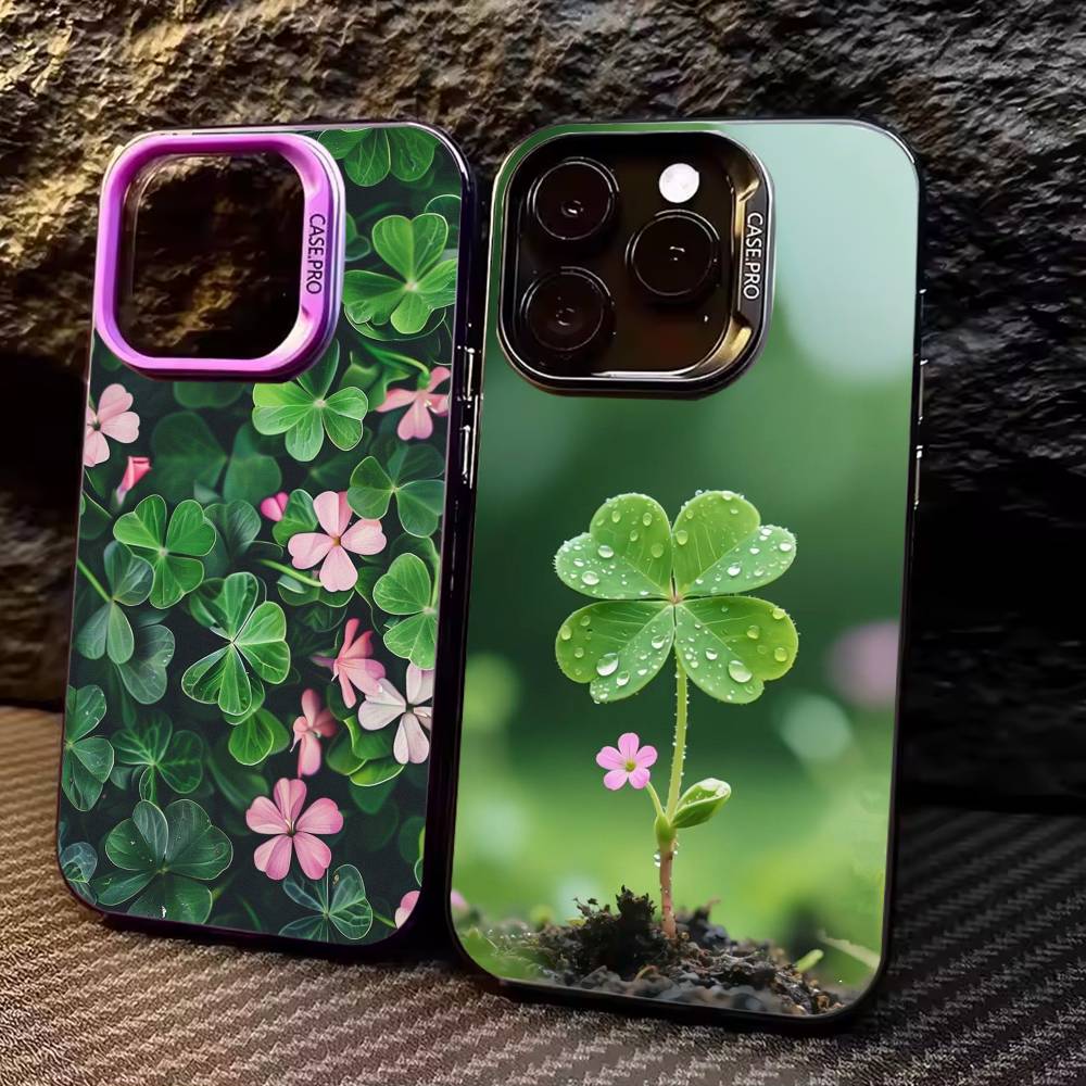 Счастливый четырехлистник Чехол для телефона для iPhone17,16,15,14,13,12,11 Plus,Pro Max Цветной Посеребренный Внутренняя крышка
