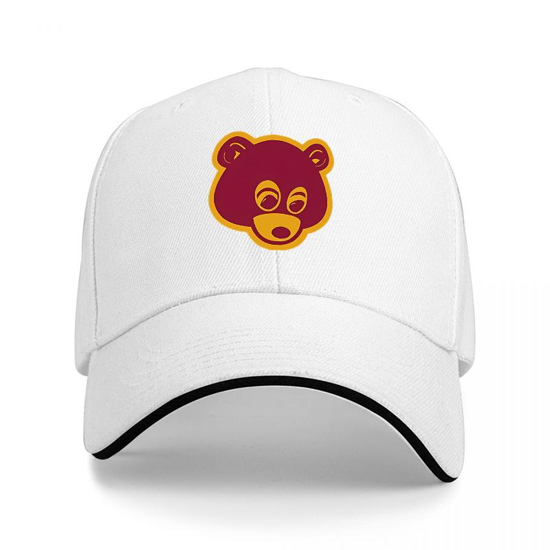 Bear Face Logo Black Baseball Cap with Yellow Outline and White Trim Adjustable Fit for Casual Wear and Outdoor Activities