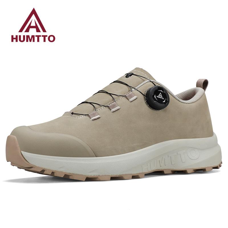 HUMTTO Luxury Designer Men's Sports Shoes Leather Black Hiking Shoes Cushioning Trail Running Trainers Breathable Casual Sneakers for Men