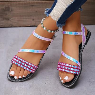 Мода 2024 года, горячая распродажа, женская обувь, женские сандалии с ремешком на щиколотке, летние с открытым носком, разноцветные, с пряжкой, на плоской подошве, повседневные пляжные сандалии большого размера