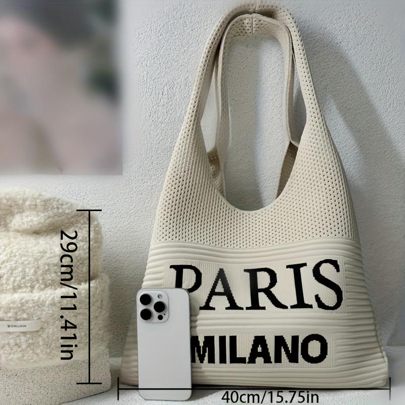 Винтажная сумка-тоут крючком Paris Milano - Шикарная сумка через плечо с надписью "PARIS MILANO", Бежевая и черная, Идеально подходит для пляжа