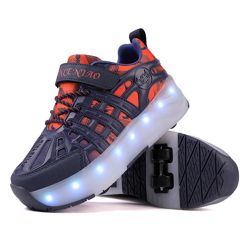 Четырехколесные роликовые коньки, детская спортивная обувь с выдвижными автоматическими колесами, зарядка через USB, светодиодная спортивная обувь