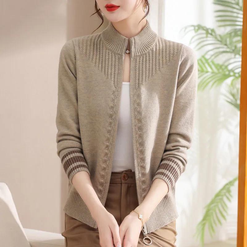 Jacket Knitted Cardigan Women's Spring and Autumn Stand-up Collar Zipper Sweater Jacket Loose Short Zipper Outer Wear