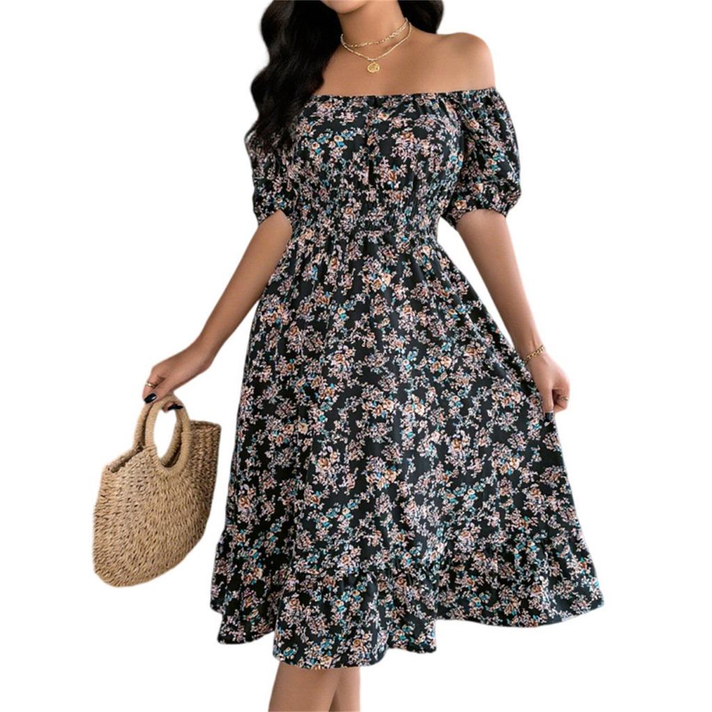 Women's Fashion Floral Print Square Neck Short Sleeve Waisted Ruffled A-Line Skirt
