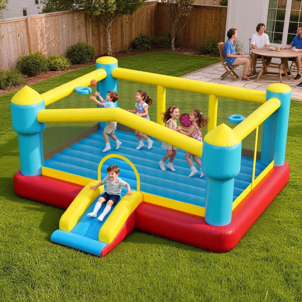Inflatable Bounce House, 14.7 x 13.8 x 6.8 ft Jumping Bouncy Castle, Inflatable Jumper for Kids with Slide, Basketball Hoop, Target Game & Jumping