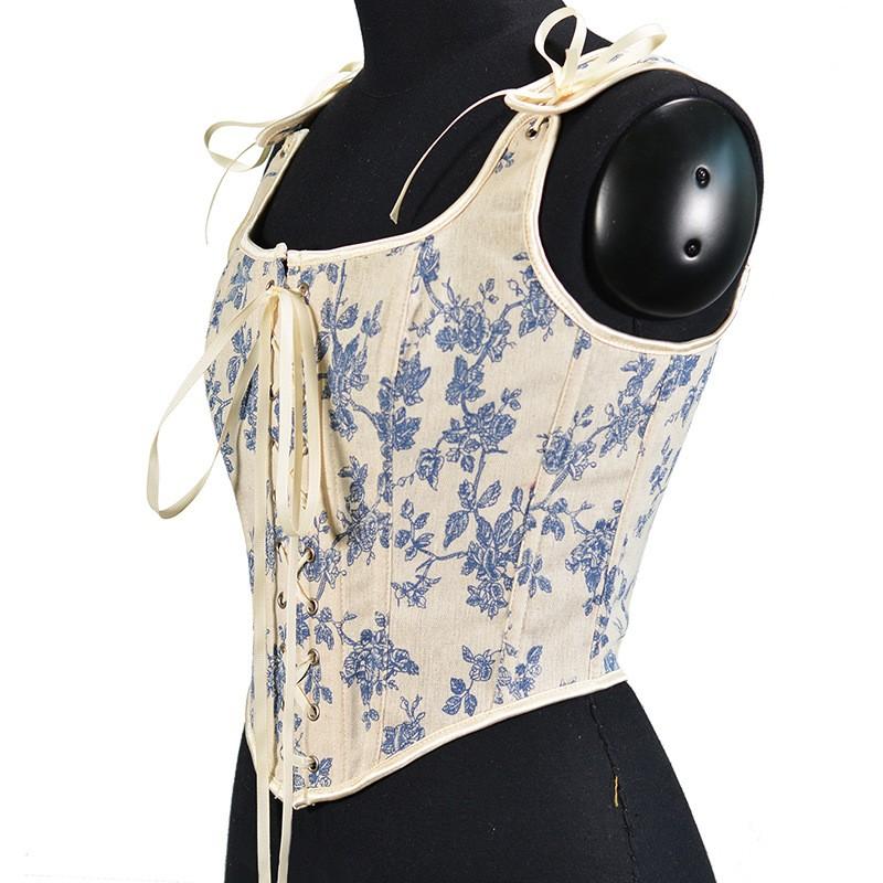 Women's French Strap Corset Retro Orchid Printed Lace Vest Top