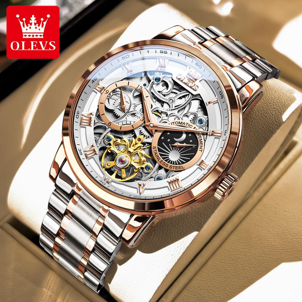 OLEVS Fashion Skeleton Mechanical Watch Men's Luxury Automatic Movement Tourbillon Watch Man Waterproof Luminous Wrist Watch Men