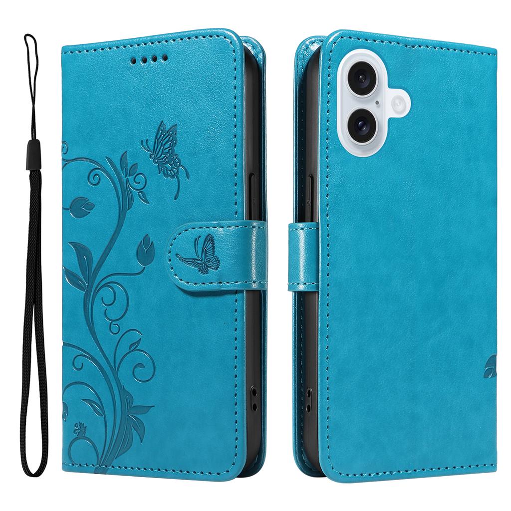 For iPhone 17 PU Leather Cases Flower Pattern Wallet Stand Phone Cover with Strap