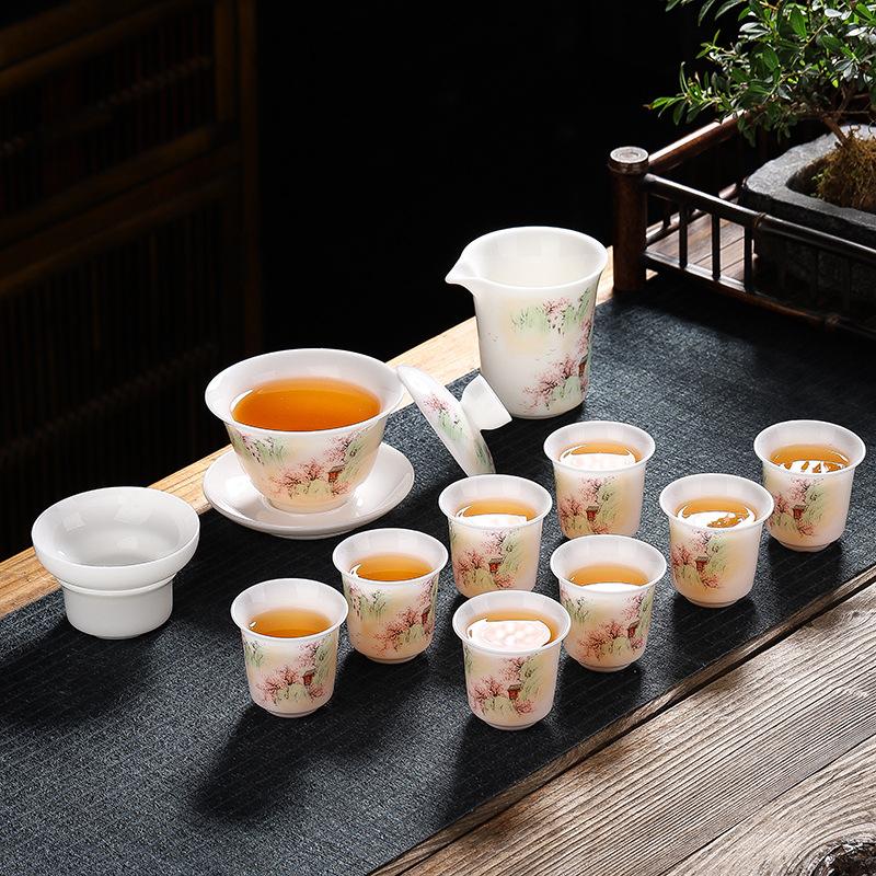 High-value Set of Ceramic Ice Suet Jade Porcelain Kung Fu Tea Set for Home Use, High-end Business Gifts
