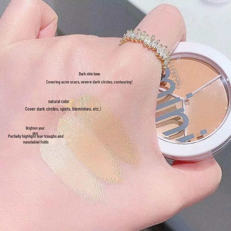 Трехцветная палетка консилеров: Покрытие татуировок, пигментных пятен и темных кругов под глазами с контурированием лица. Двуязычная упаковка для международного использования.