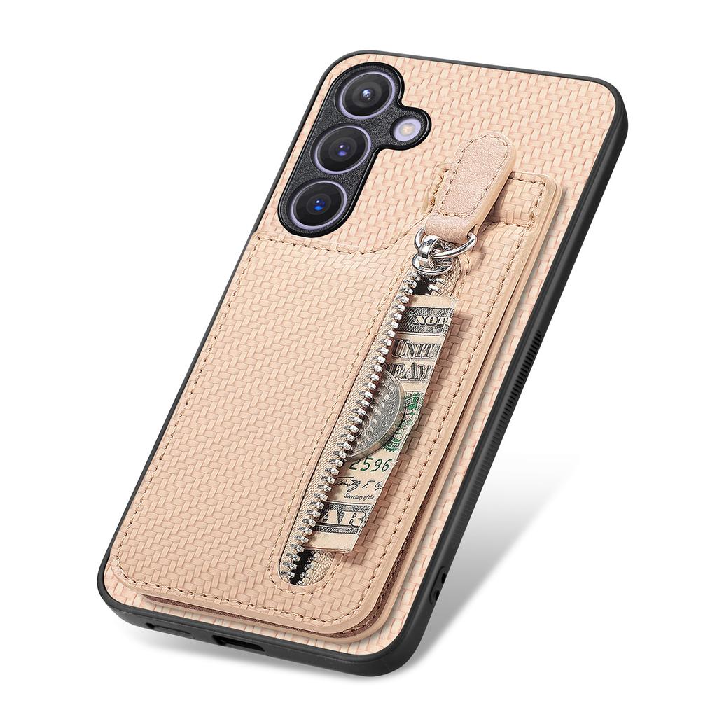 For Samsung Galaxy S25+ Case Leather Phone Back Cover with Zipper Card Holder Kickstand