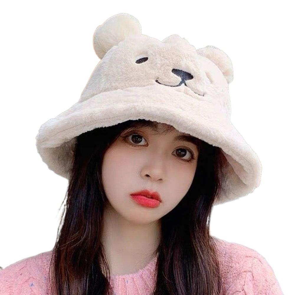 Fashion Cute Bear Ears Fur Bucket Hat Warm Soft Women's Fisherman Hat Thick Basin Hat Clothing Accessories