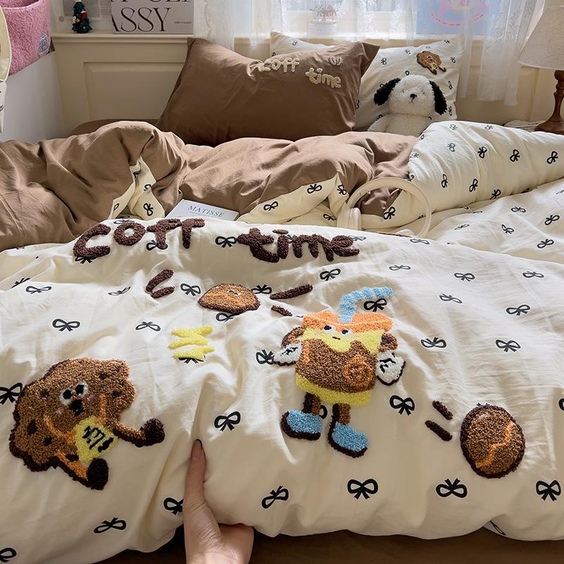 Cartoon Animal Embroidery Bedding Set For Adults Kids Cute Flat Fitted Sheet With Pillowcases Washed Cotton Colorful Full Size