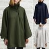 Fall Winter Women Cape Coat High Collar Neck Protection Long Bat Sleeve Solid Color Windproof Thick Warm Loose Zipper Closure Irregular Hem Poncho