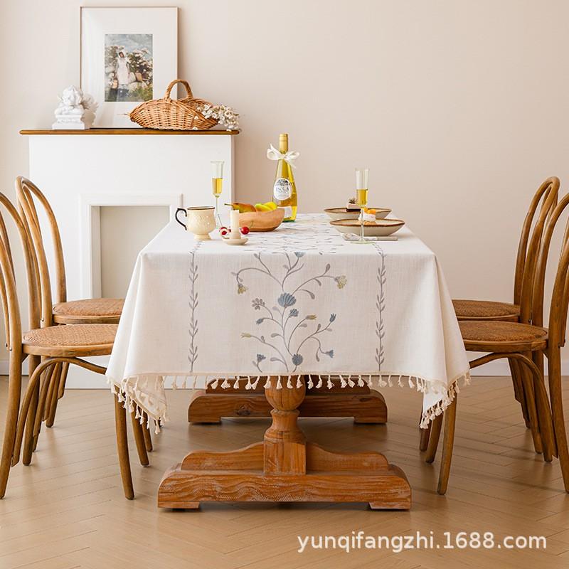 Elegant Embroidered Tablecloth With Tassels French Country Style Floral Botanical Design Dining Table Decor