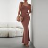 Женские осенние облегающие сексуальные вязаные однотонные длинные платья с квадратным вырезом, тонкие рыбий хвост