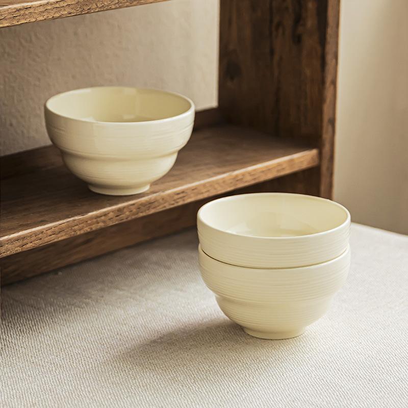 Cream Threaded Rice Bowl Ceramic Rice Bowl Small Bowl Household Minimalist Tableware Solid Color Bowl Restaurant Dessert Bowl