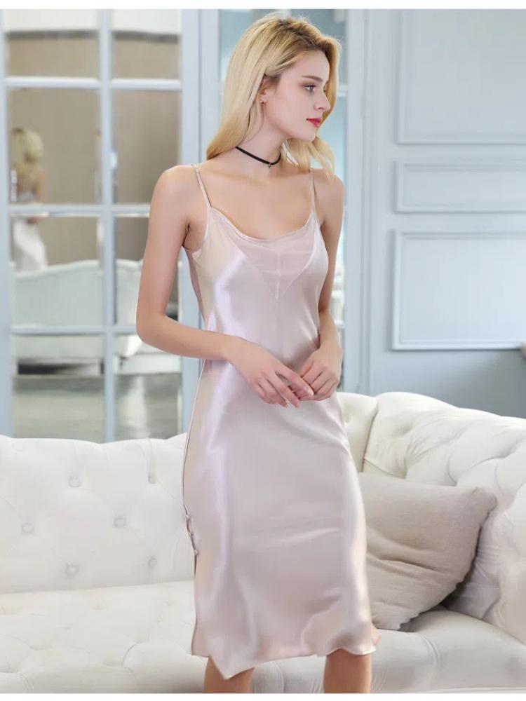 100% Mulberry Silk Women Summer Chemise Sleepwear Sexy Nightdress Solid Color Midi Sling Dress Spaghetti Strap Satin Nightgown
