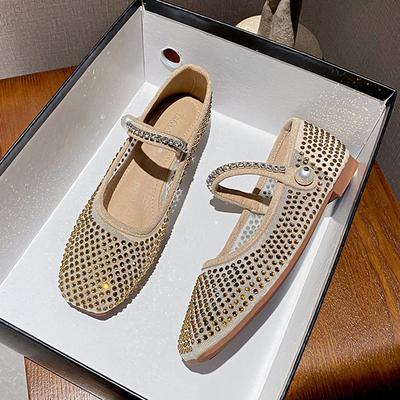 Модный бренд сетка кристальная вышивка балетки женские блестящие балетки квадратный носок жемчужные заклепки кружево туфли мэри джейн большой размер 43