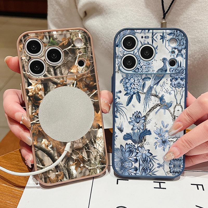 Чехол с узором «Цветы на дереве» для iPhone 17 Pro Max Чехол iPhone 16 15 14 13 Pro Max Магнитный для Magsafe Гибридный Тонкий Матовый Чехол