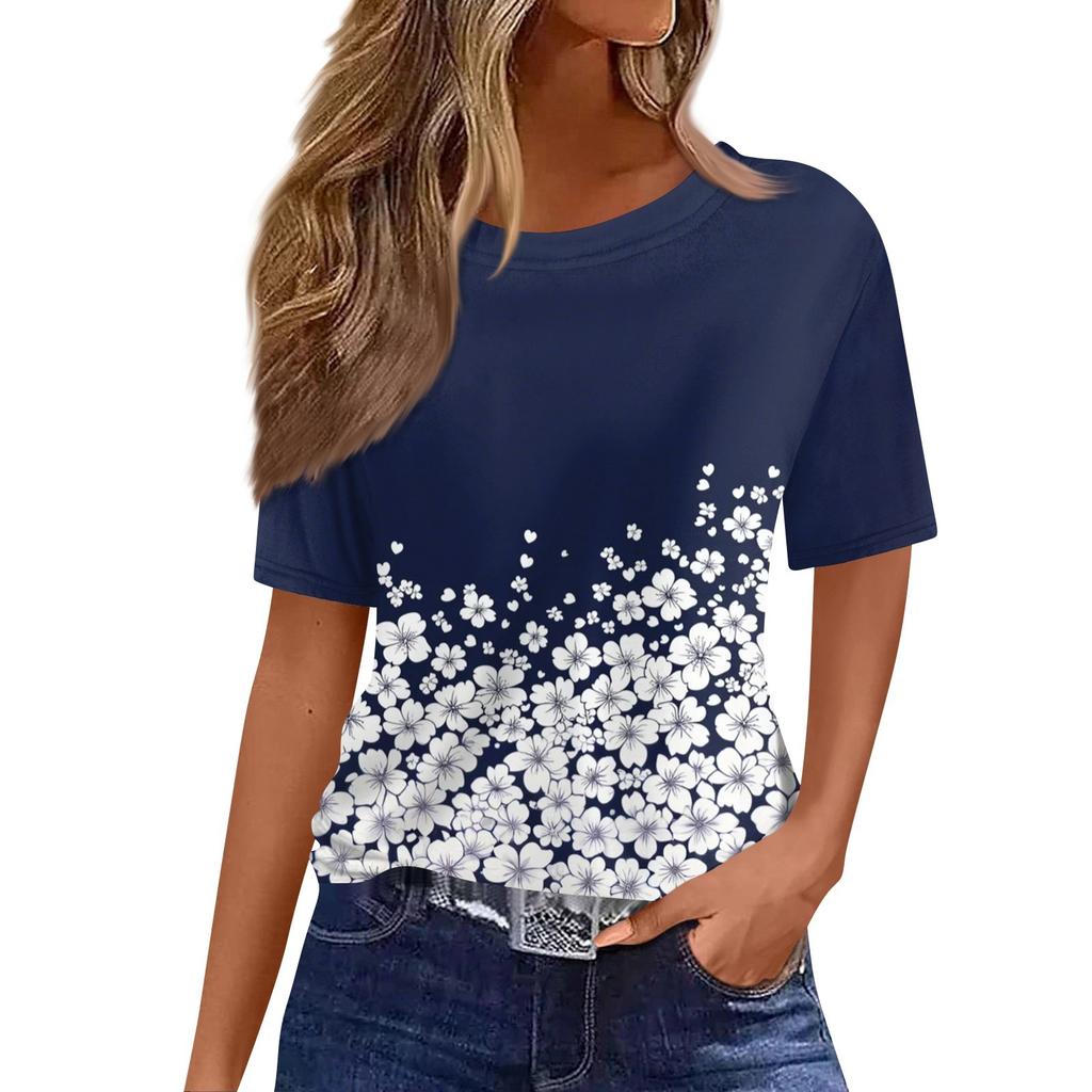 Women's Fashionable Casual Short Sleeve Print Round Neck Pullover Top