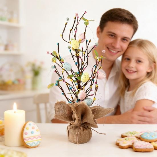 Дерево с пасхальными яйцами со светодиодной подсветкой, искусственное украшение из яиц для весеннего праздника, настольное украшение для дома, вечеринки