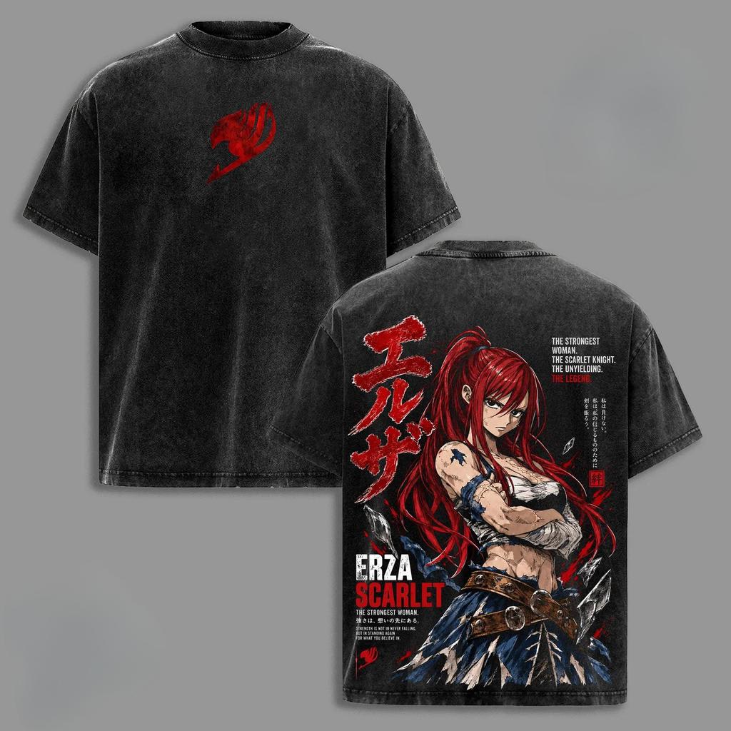 Fairy Tail Erza Scarlet Print T-shirt Men Women Short Sleeve Clothing Cotton Tshirt Vintage Washed T Shirt Oversized Streetwear