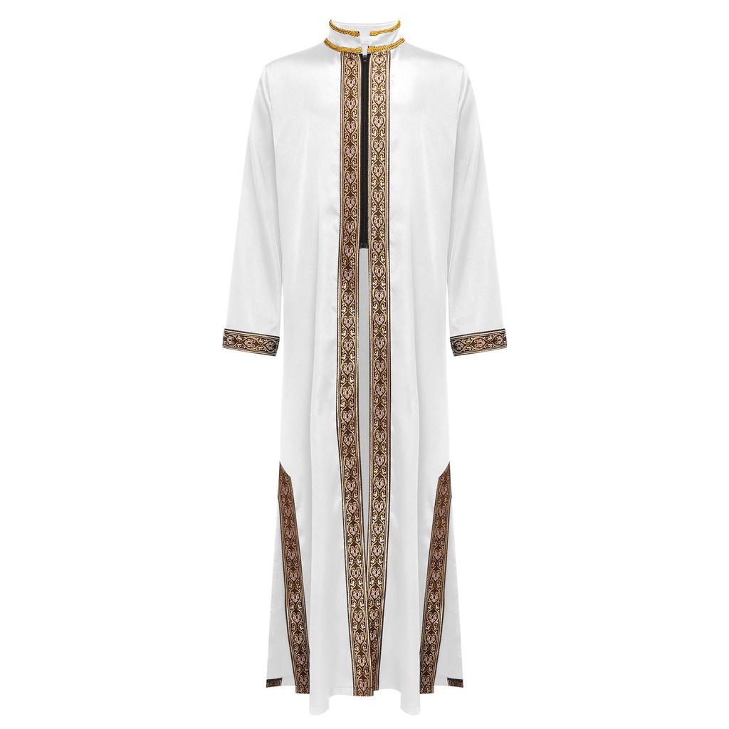 Boys Arab Gown Islamic Robe Long Sleeve Stand Collar Gold Embroidery Maxi Kaftan Festival Holiday Costume