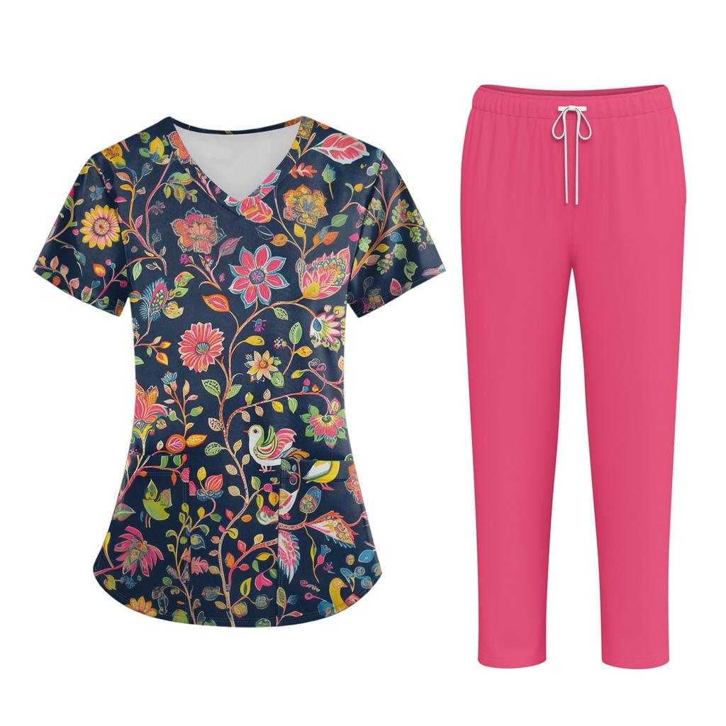 Plus SizePrinted Scrub Working Uniform Tops For Women's Cross V-Neck Halloween Print Short Sleeve Fun T-Shirts Workwear Tee With Pockets