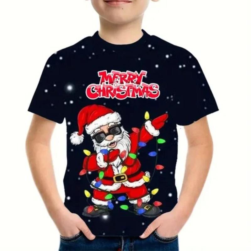 Детские новогодние футболки с принтом Санта-Клауса, удобный модный топ с коротким рукавом для мальчиков