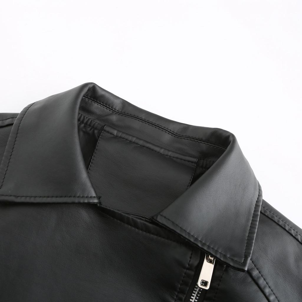 Women Turn Down Collar Long Sleeve Woven Lace Up Solid Color Leather Pu Jacket S-4XL