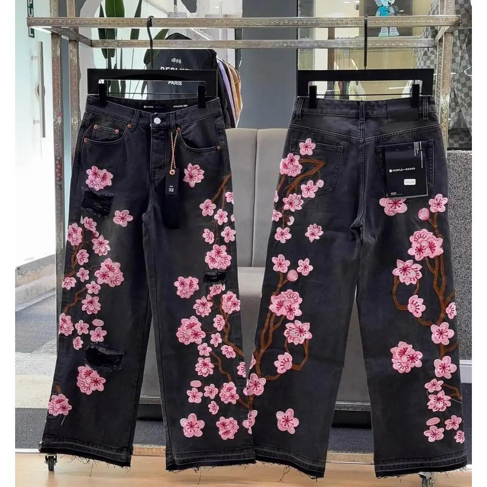 Streetwear Gothic Cherry Blossom Embroidered Jeans Y2K Clothing Men Women Hip Hop Vintage Baggy Jeans Low Rise Wide Leg Trousers