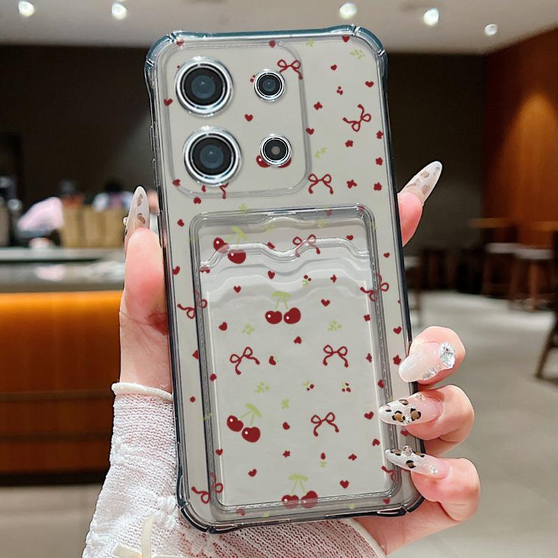 Мягкий силиконовый чехол с рисунком вишневого банта и слотом для карт для Xiaomi 14T 13T Pro Poco F6 Pro X6 C65 Redmi Note 13 12 Pro 11, противоударный прозрачный чехол для телефона