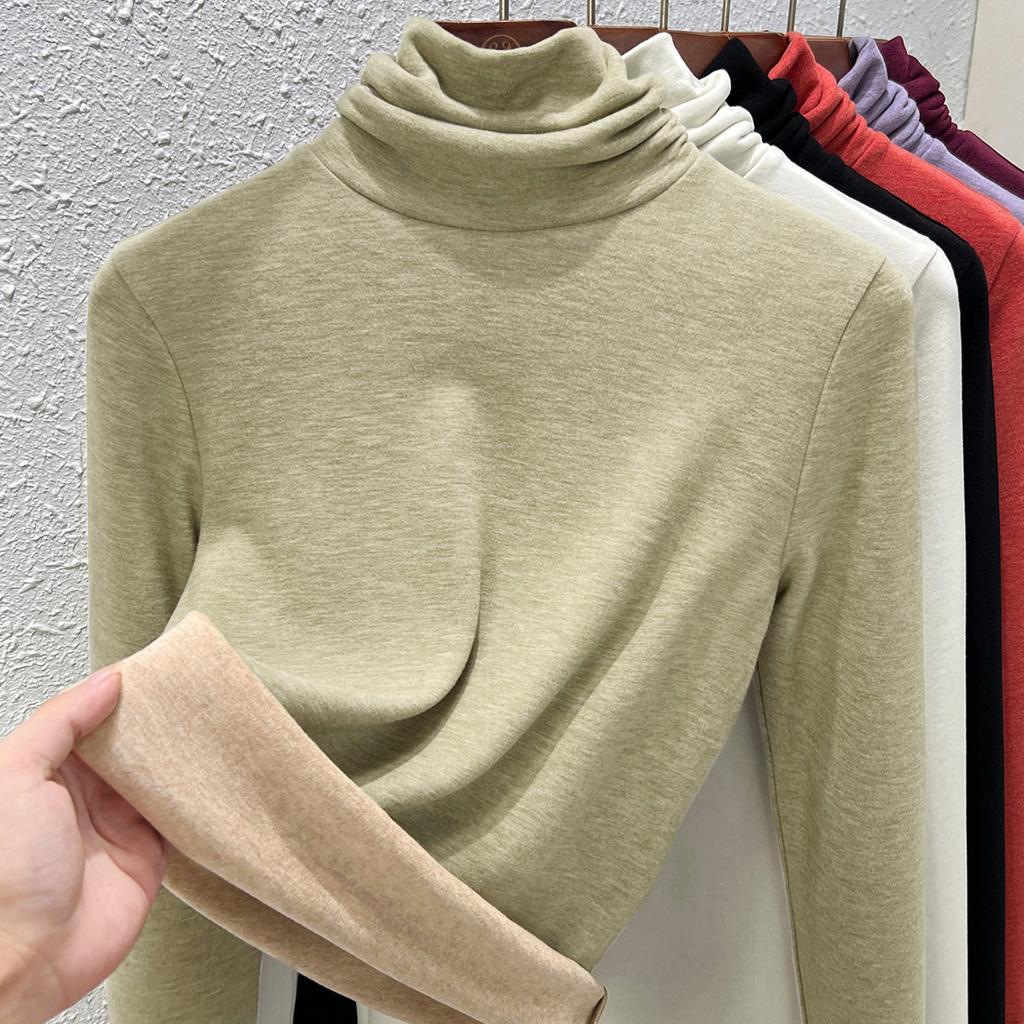 Autumn and Winter Women's Clothing Containing Wool and Silk Bottoming Shirt Women's Inner Heating Fleece Warm Turtleneck Top with Fleece and Thicker