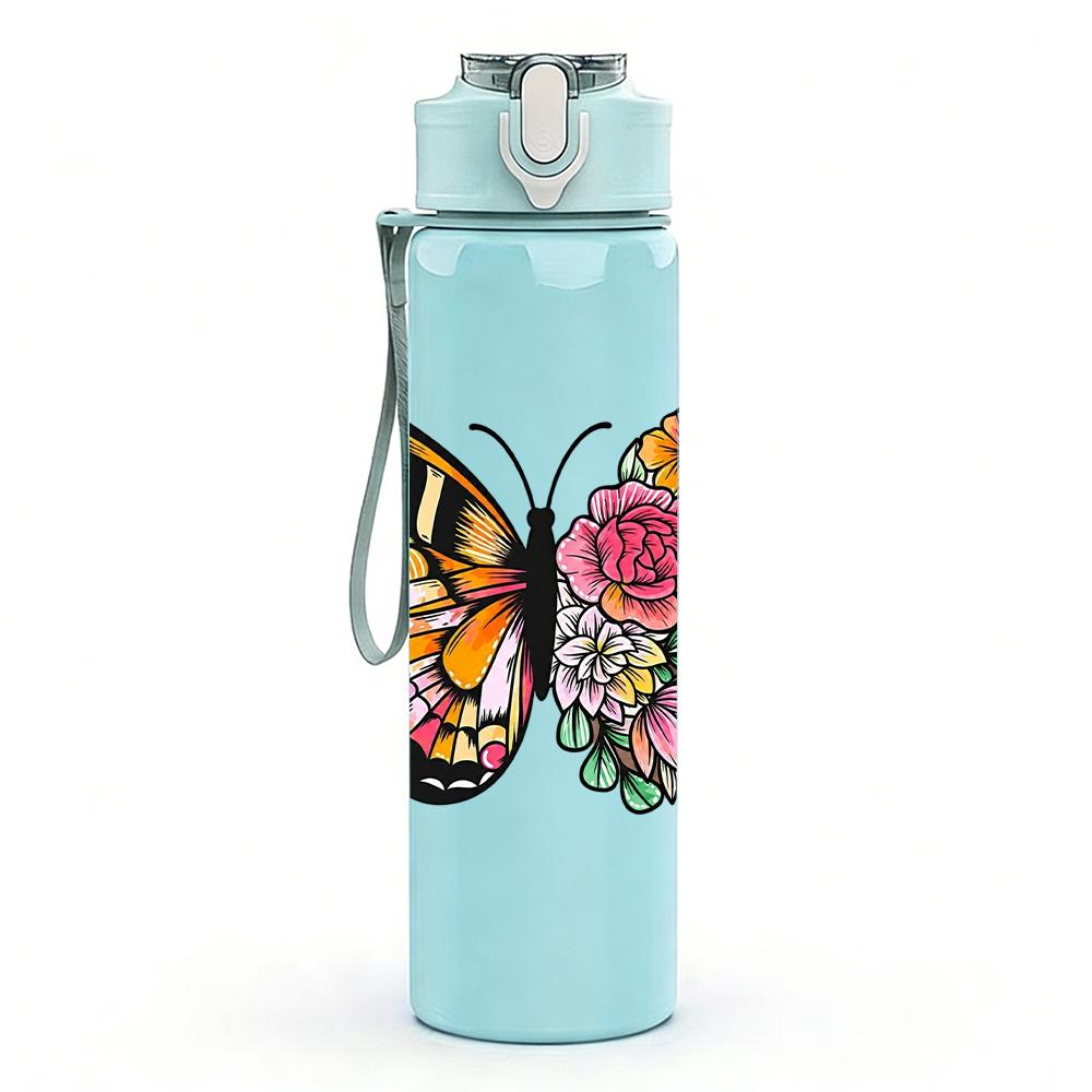 1PC Mixed Floral Wing Butterfly 750ml Color Plastic Sports Water Bottle Leakproof Flip Straw Lid Suitable for Sports Office Home Use