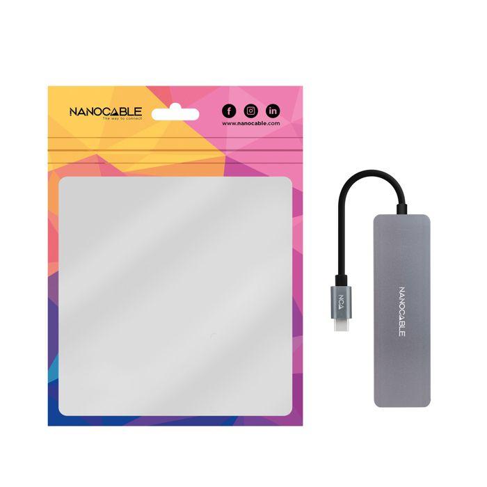 NANOCABLE 10.16.4409 - Hub convertisseur USB-C vers 3 Ports USB-A 3.0 Femelle + 1 Port USB-C Femelle, Aluminium, 10 cm, Gris